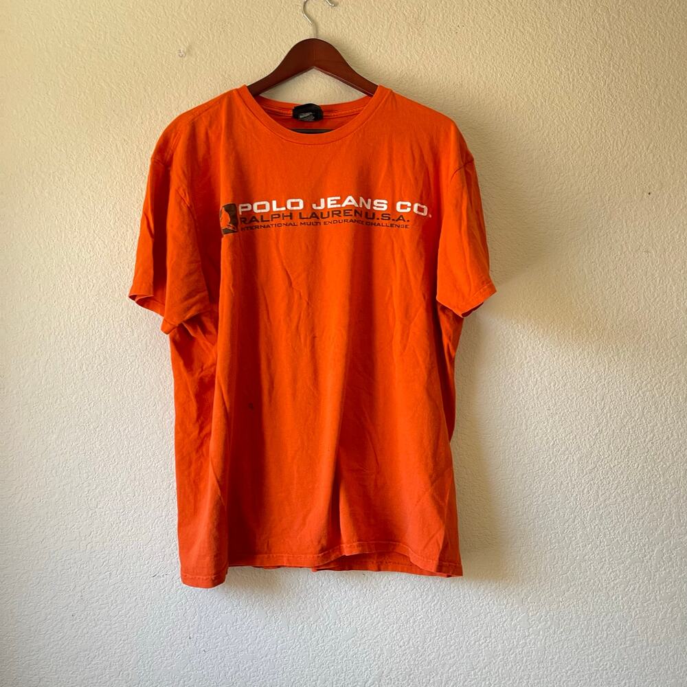 Y2k polo‎ Ralph Lauren orange distressed t shirt size large